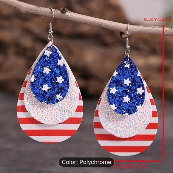 Sparkly American Tear Drop Earrings USA Patriotic 4th of July faux leather NWT - Picture 4 of 5